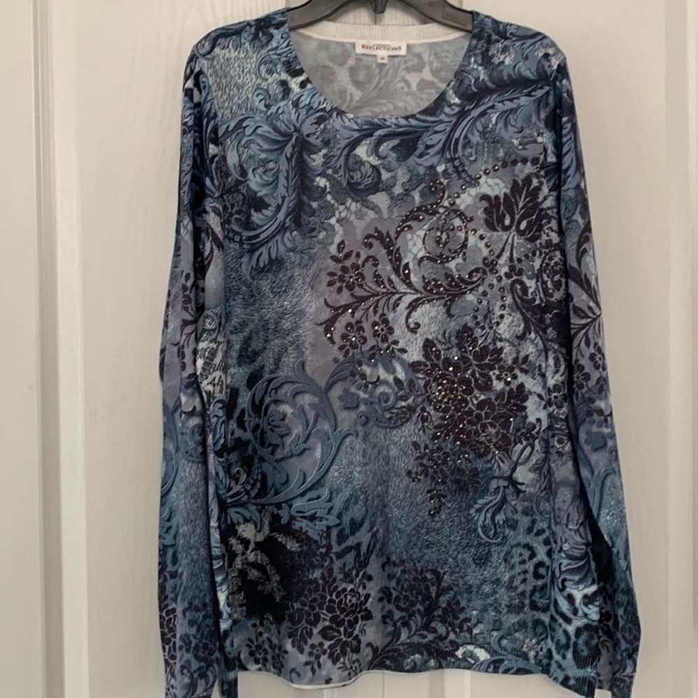 Northern Reflections dressy top, blue, black with tiny bling accents